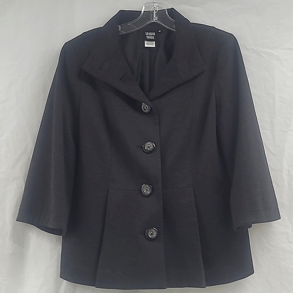 Sharon Young Charcoal Gray Military Blazer Tailored Peplum Stretch Medium